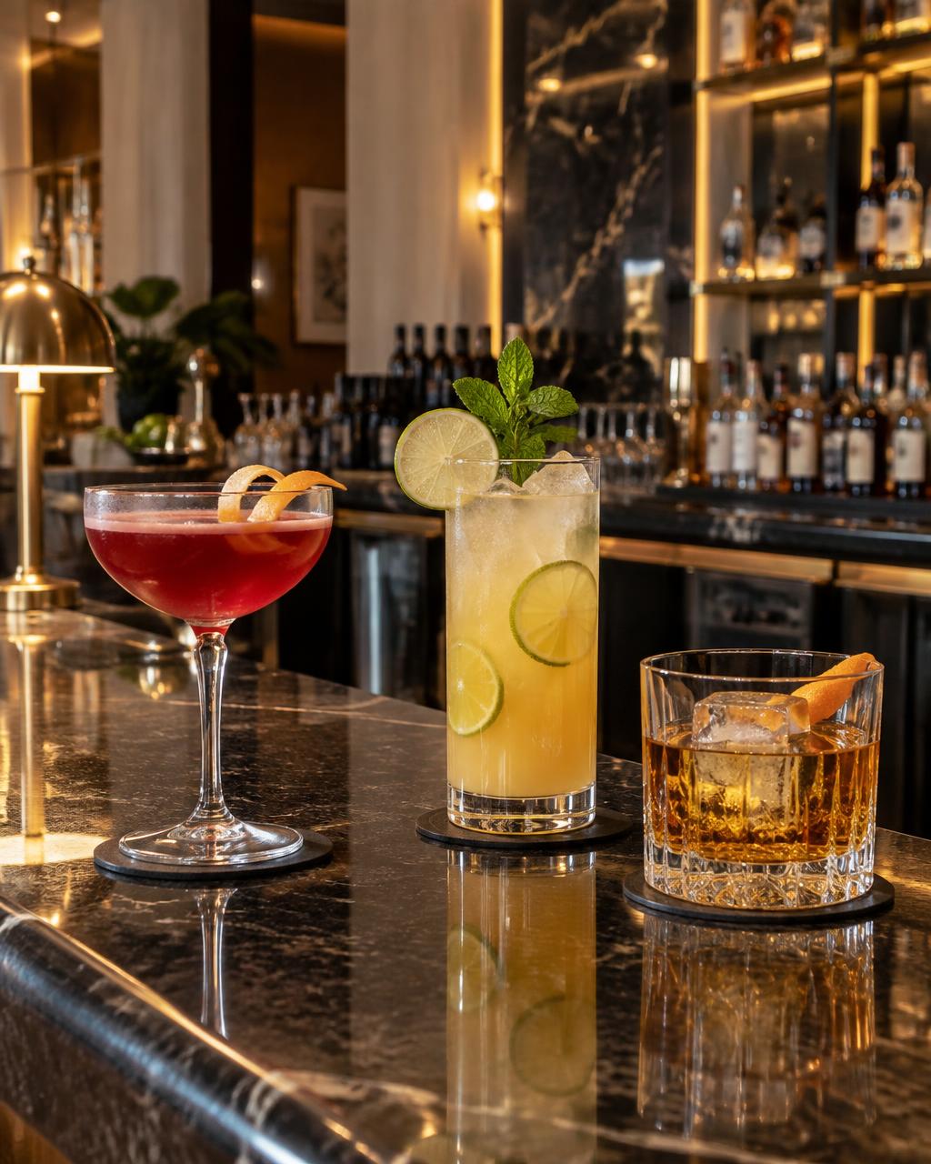 Three colourful cocktails served at the Quille bar