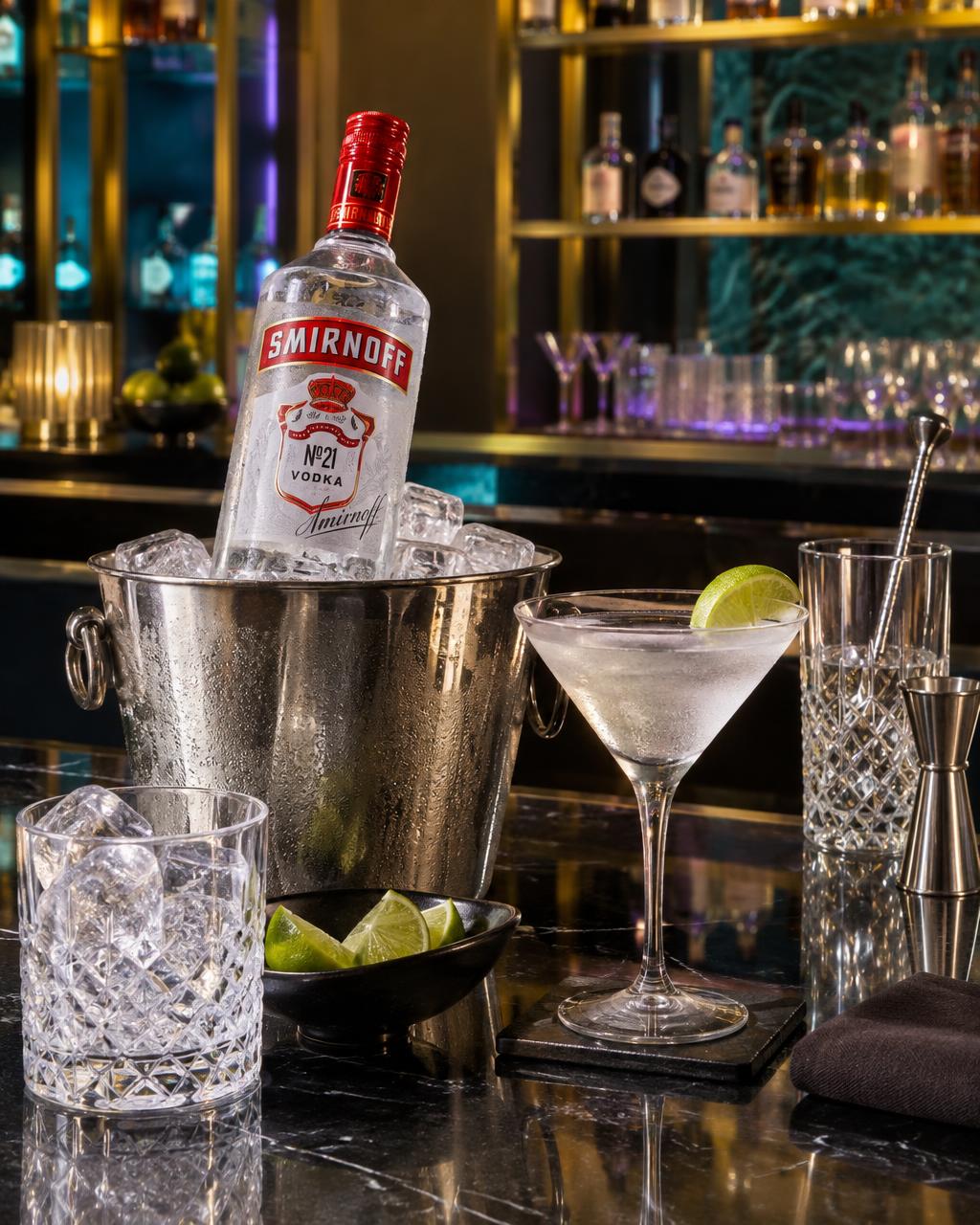 Chilled Smirnoff vodka with crystal glasses and lime