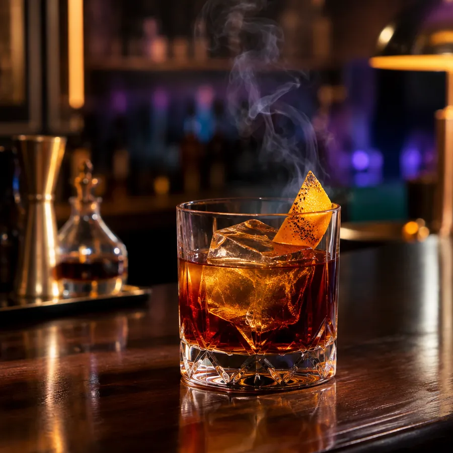 Ibadan Nights, a dark amber whiskey cocktail over a large ice cube with a charred orange twist