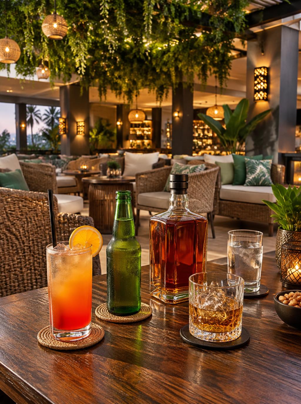 Inside the Quille lounge, leafy green ceiling, wicker chairs and dining tables