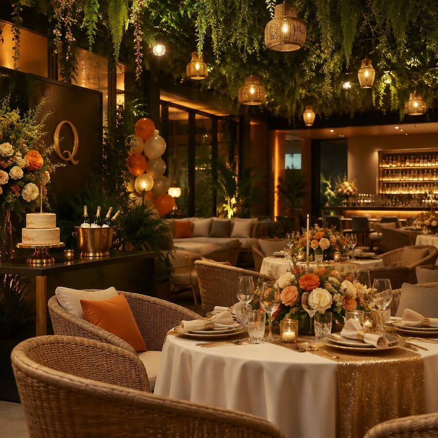 Event setup in the Quille lounge, round tables dressed with cream linen and gold runners, wicker chairs, cream and orange roses, a celebration cake and balloons under a leafy green ceiling