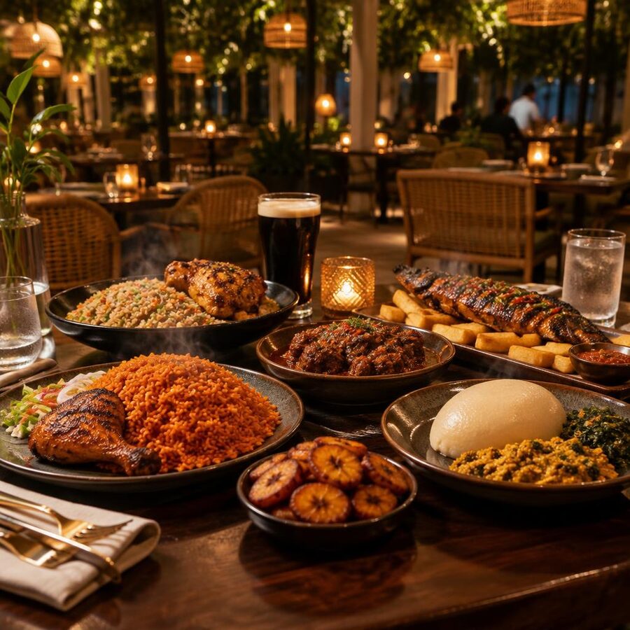 Jollof rice with grilled chicken, fried rice, dodo, pounded yam with egusi and efo riro, peppered meat and catfish barbecue on a table in the Quille lounge
