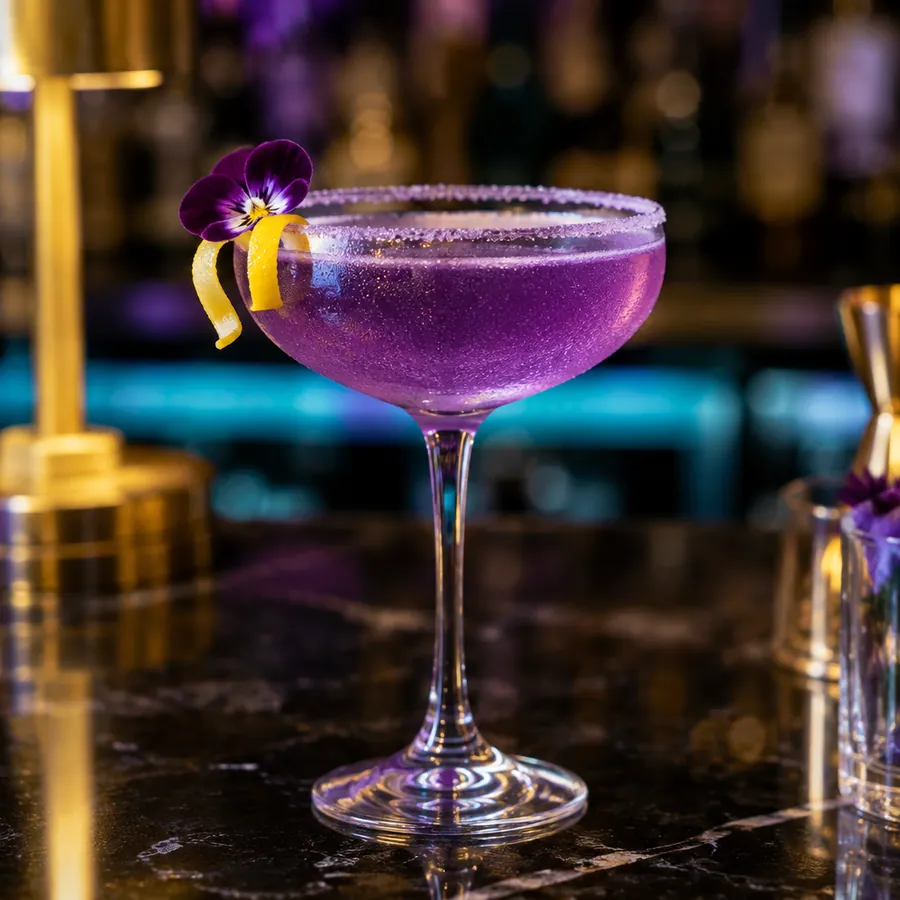 Quille Royale, a shimmering violet sparkling cocktail in a sugar-rimmed coupe with a violet bloom