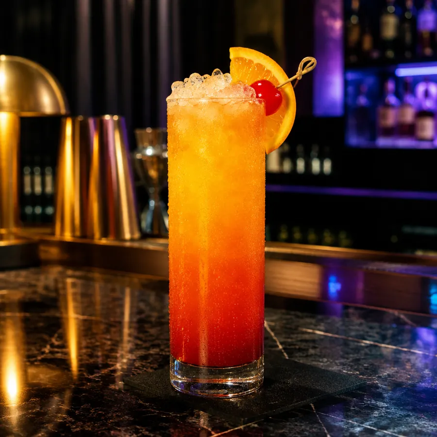 Quille Sunset, a tall orange and gold tequila sunrise cocktail with an orange wheel and cherry