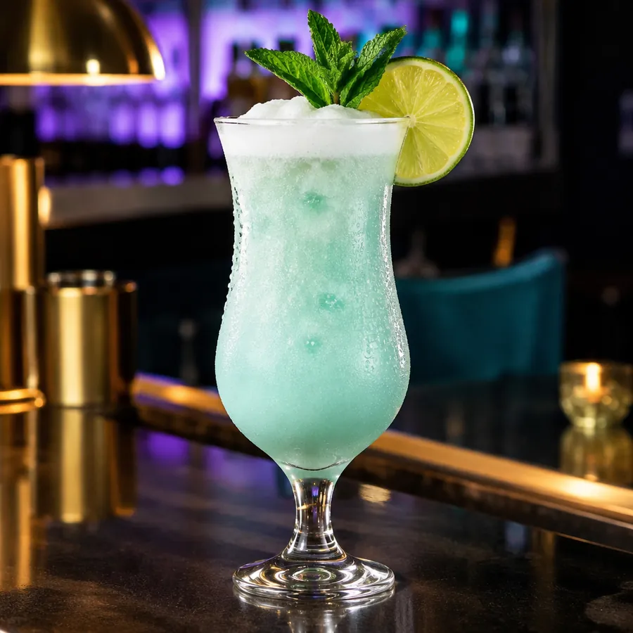 Sensual Breeze, a frosted pale aqua frozen cocktail with fresh mint and a lime wheel